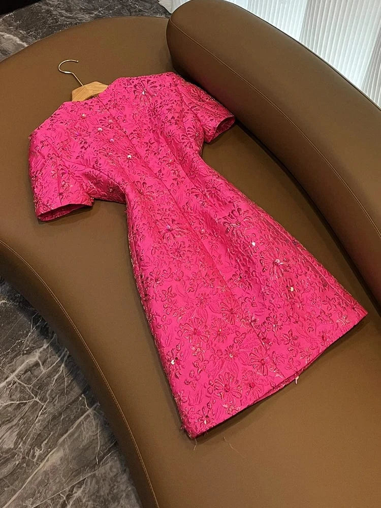 Fine Workmanship Jacquard Office Lady Casual Wear Short Sleeve O-neckline Shinny Beads Women Mini Formal Dress