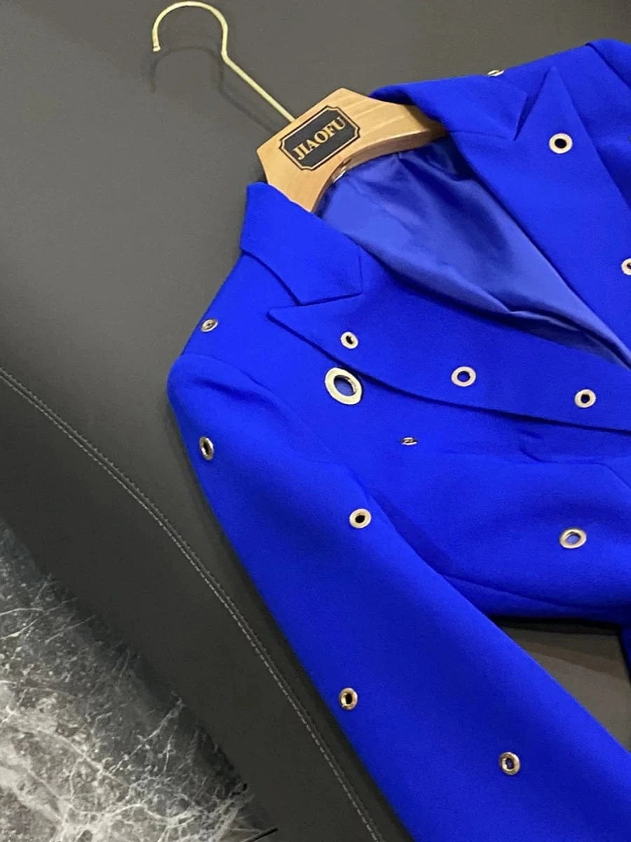 Fine Workmanship Lady Solid Stylish Metal Holes Office Wear Single Button Blazer Flared Pants 2 Pieces Sets Women