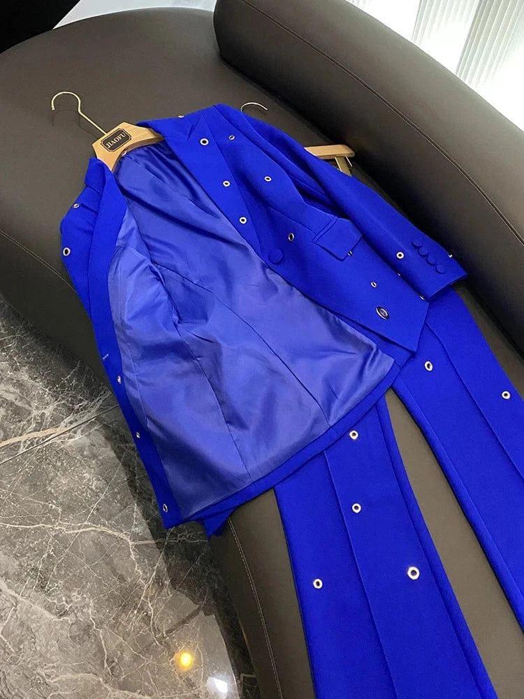Fine Workmanship Lady Solid Stylish Metal Holes Office Wear Single Button Blazer Flared Pants 2 Pieces Sets Women