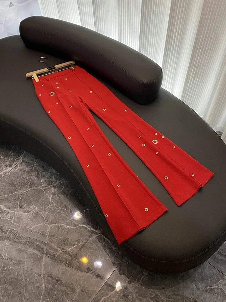 Fine Workmanship Lady Solid Stylish Metal Holes Office Wear Single Button Blazer Flared Pants  2 Pieces Sets Women