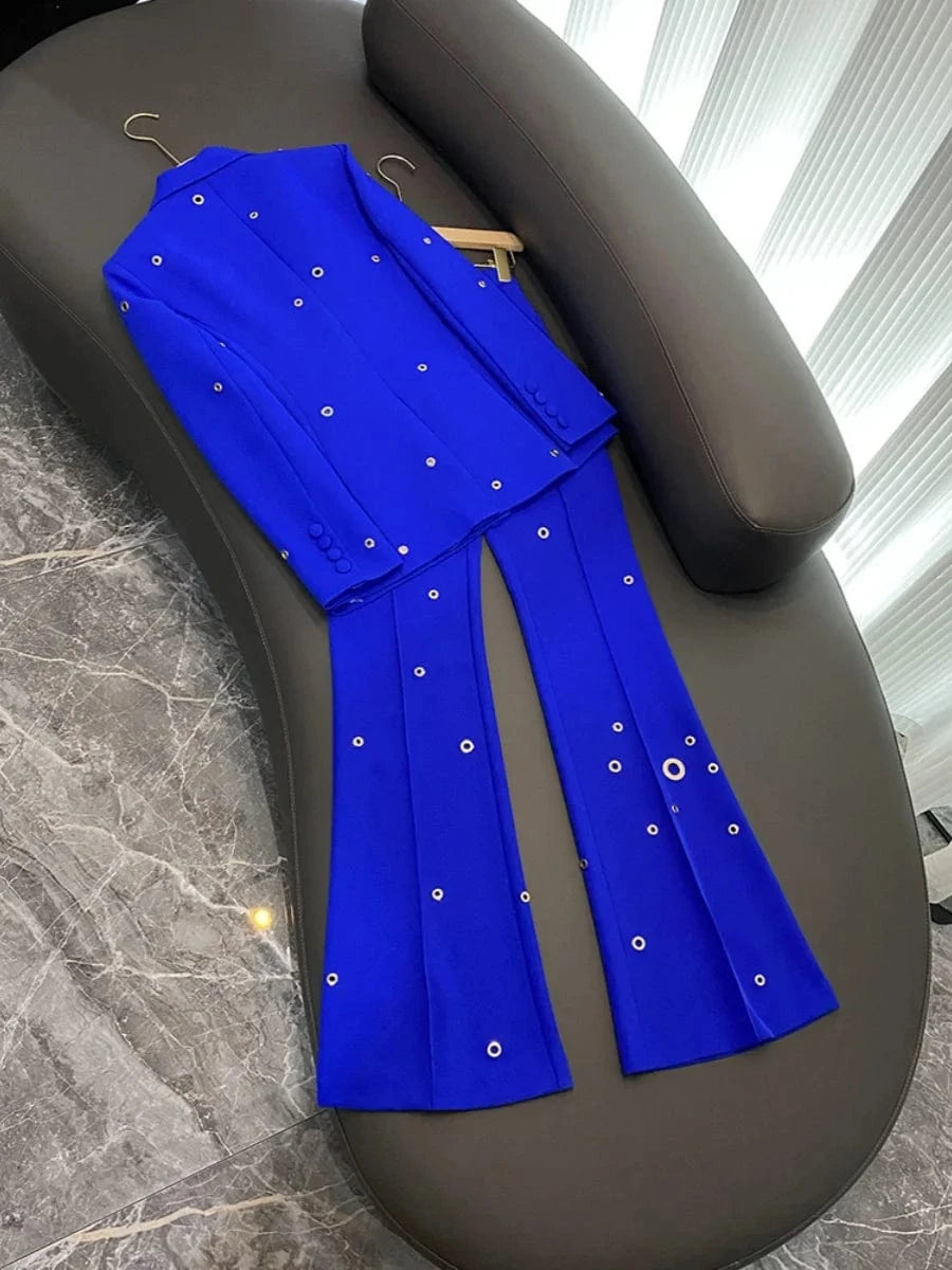 Fine Workmanship Lady Solid Stylish Metal Holes Office Wear Single Button Blazer Flared Pants 2 Pieces Sets Women