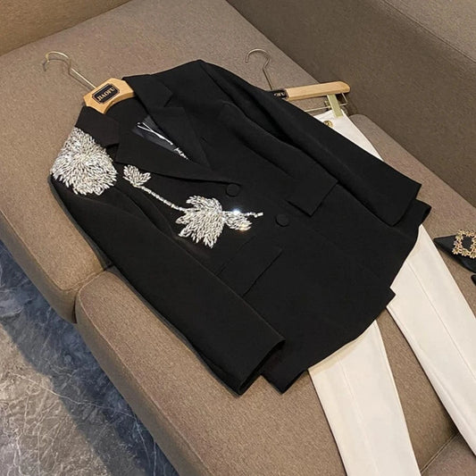 Fine Workmanship Rhinestone Beading Flower Lady Office Fashion Wear Two Buttons Long Sleeve Women Black Blazer