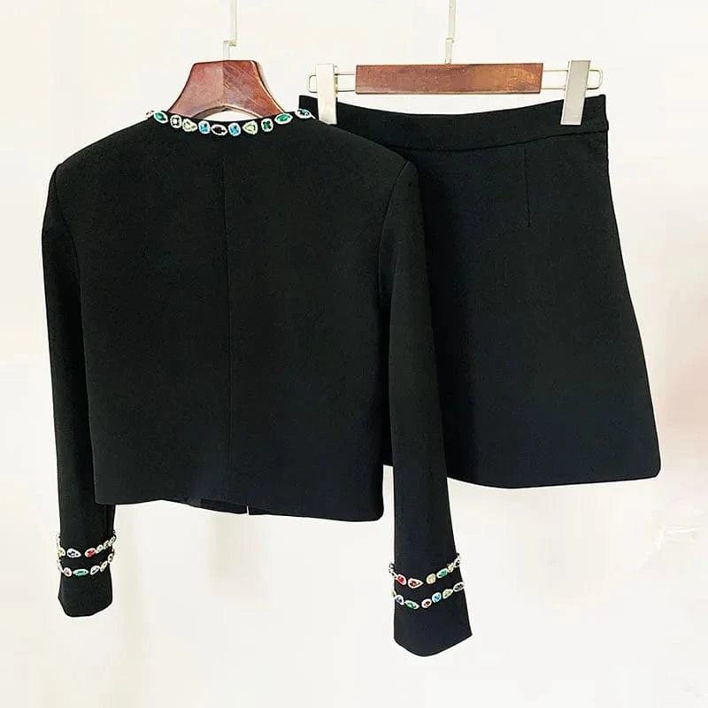Fine Workmanship Rhinestone Beading Lady 2024 Newest Spring Suit O-neckline Long Sleeve Jacket Mini Skirt Women Solid 2Pcs
