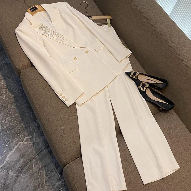 Fine Workmanship Rhinestone Beading Lady Formal Suit Long Sleeve Two Buttons Notched Blazer Straight Cutting Pants Women 2Pcs