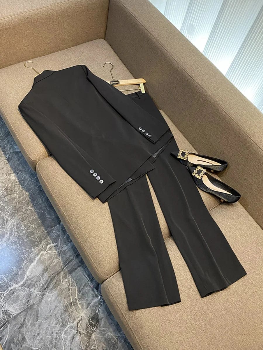 Fine Workmanship Rhinestone Beading Lady Formal Suit Long Sleeve Two Buttons Notched Blazer Straight Cutting Pants Women 2Pcs
