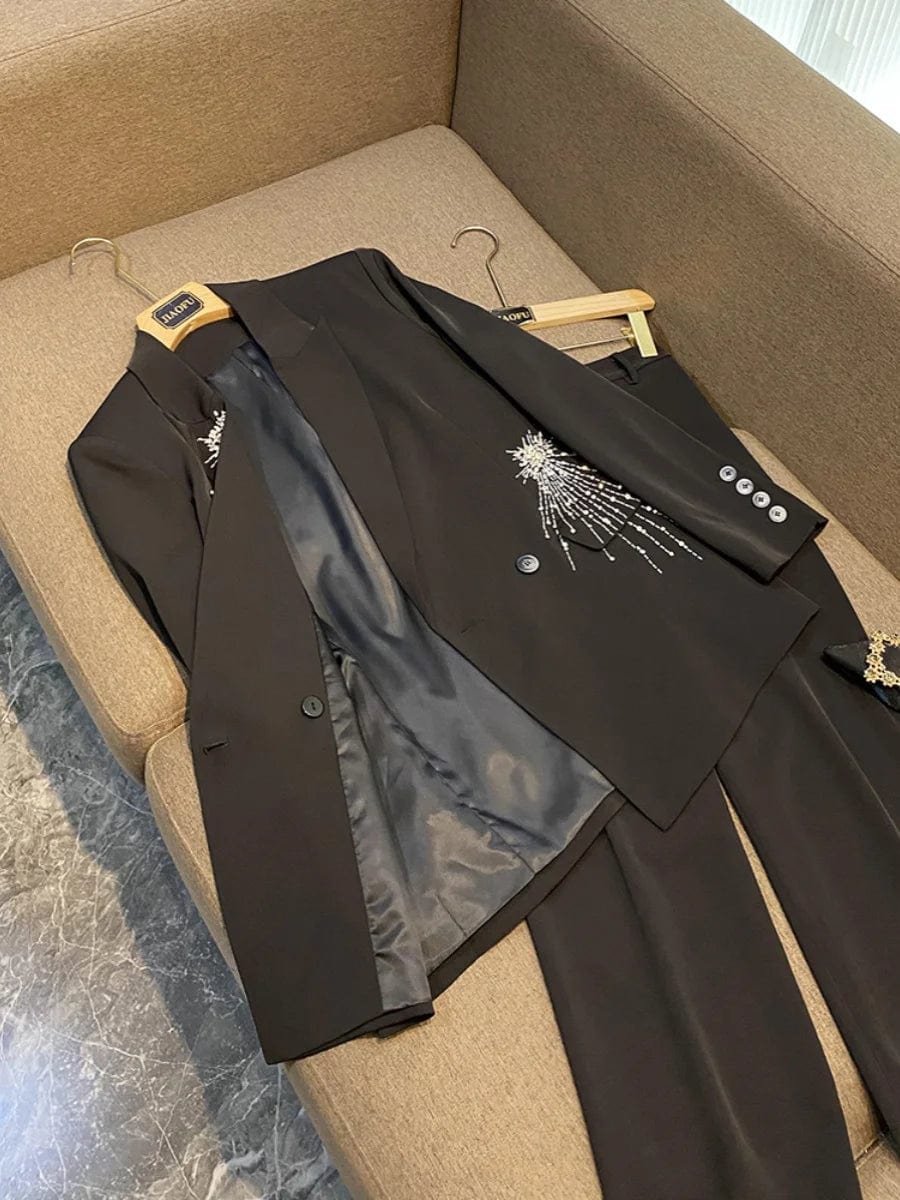 Fine Workmanship Rhinestone Beading Lady Formal Suit Long Sleeve Two Buttons Notched Blazer Straight Cutting Pants Women 2Pcs