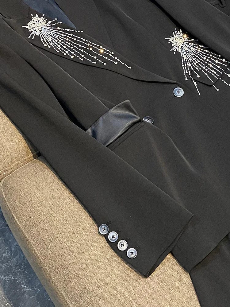 Fine Workmanship Rhinestone Beading Lady Formal Suit Long Sleeve Two Buttons Notched Blazer Straight Cutting Pants Women 2Pcs