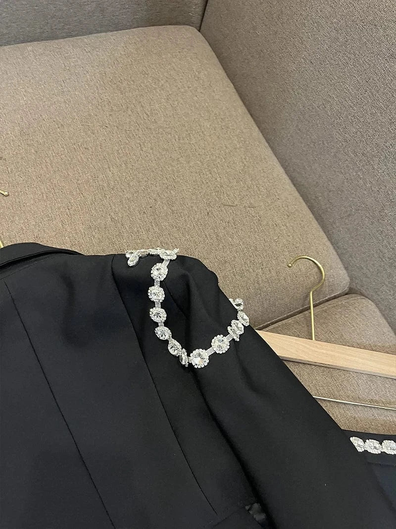 Fine Workmanship Rhinestone Shoulder Waist Lady Suit Women Notched Long Sleeve Solid Short Blazer Skirts 2Pcs