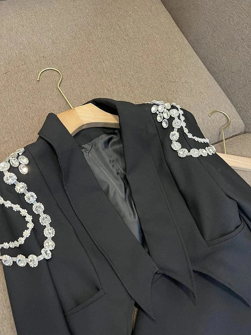 Fine Workmanship Rhinestone Shoulder Waist Lady Suit Women Notched Long Sleeve Solid Short Blazer Skirts 2Pcs