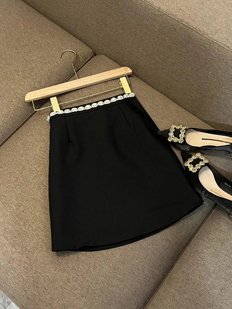 Fine Workmanship Rhinestone Shoulder Waist Lady Suit Women Notched Long Sleeve Solid Short Blazer Skirts 2Pcs