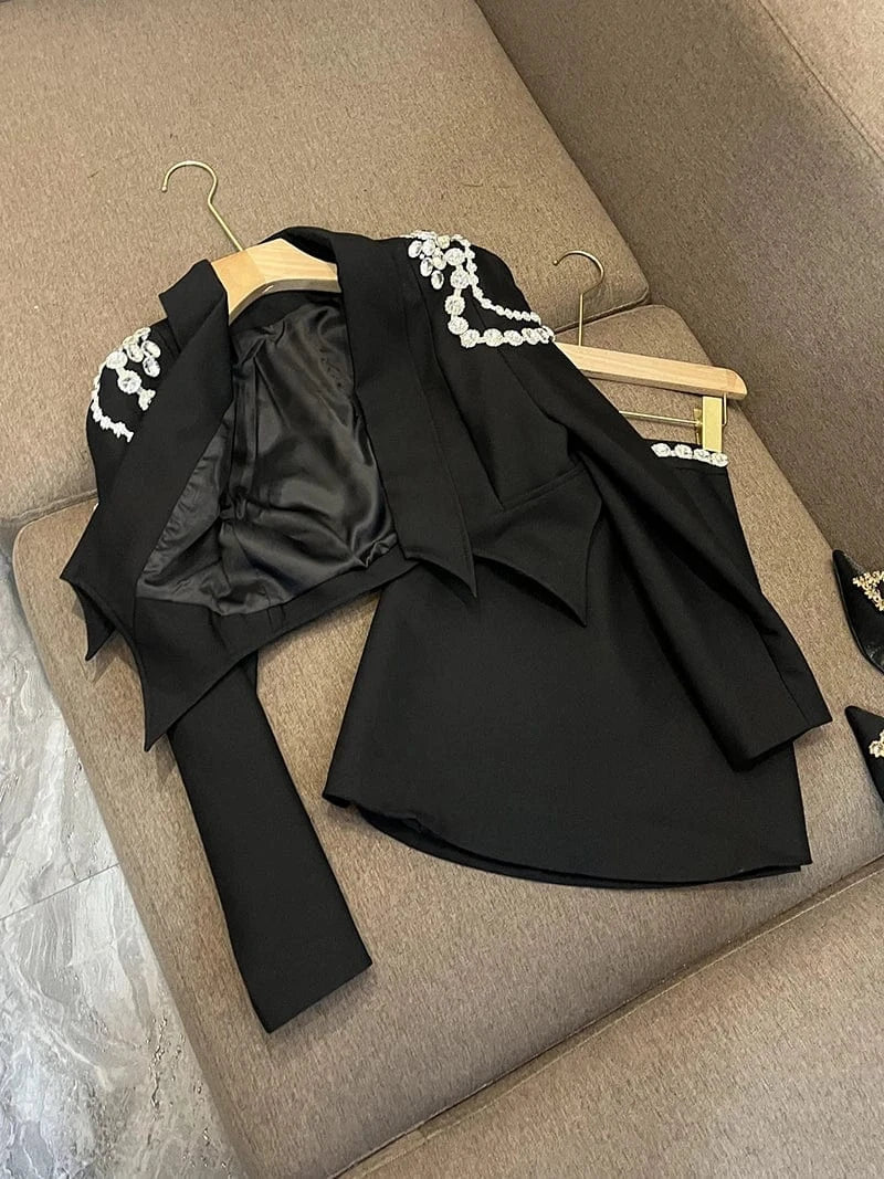 Fine Workmanship Rhinestone Shoulder Waist Lady Suit Women Notched Long Sleeve Solid Short Blazer Skirts 2Pcs