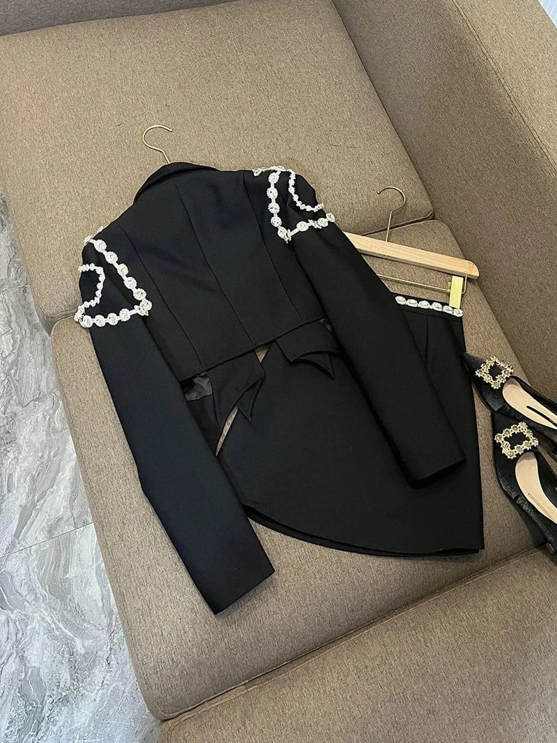 Fine Workmanship Rhinestone Shoulder Waist Lady Suit Women Notched Long Sleeve Solid Short Blazer Skirts 2Pcs
