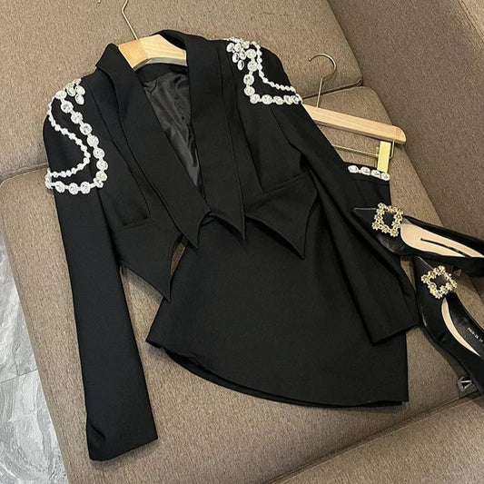 Fine Workmanship Rhinestone Shoulder Waist Lady Suit Women Notched Long Sleeve Solid Short Blazer Skirts 2Pcs