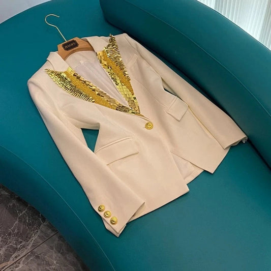 Fine Workmanship Rivet Beading Notched Single Button Lady Office Formal Coat Long Sleeve Women Solid Blazer White