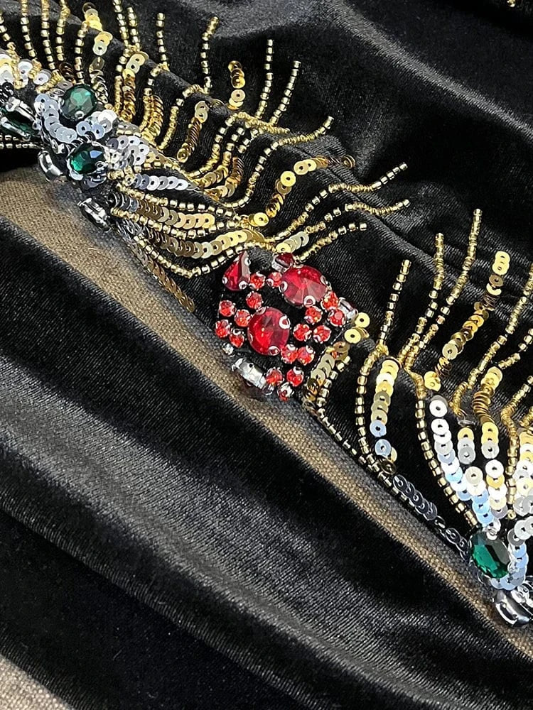 Fine Workmanship Sequined Delicacy Beading Lady O-neckline Long Sleeve Women Fashion Velvet Black Dress