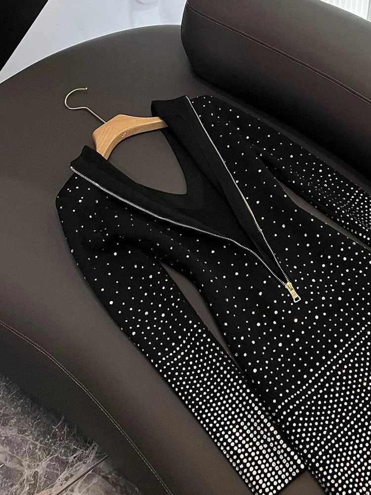 Fine Workmanship Shinny Hot Drilling  Office Lady V-neckline Long Sleeve Women Gradient Skinny Short Slim Knitted Dress