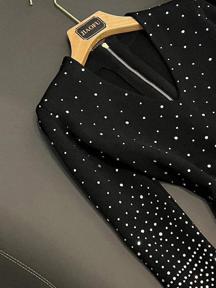 Fine Workmanship Shinny Hot Drilling  Office Lady V-neckline Long Sleeve Women Gradient Skinny Short Slim Knitted Dress