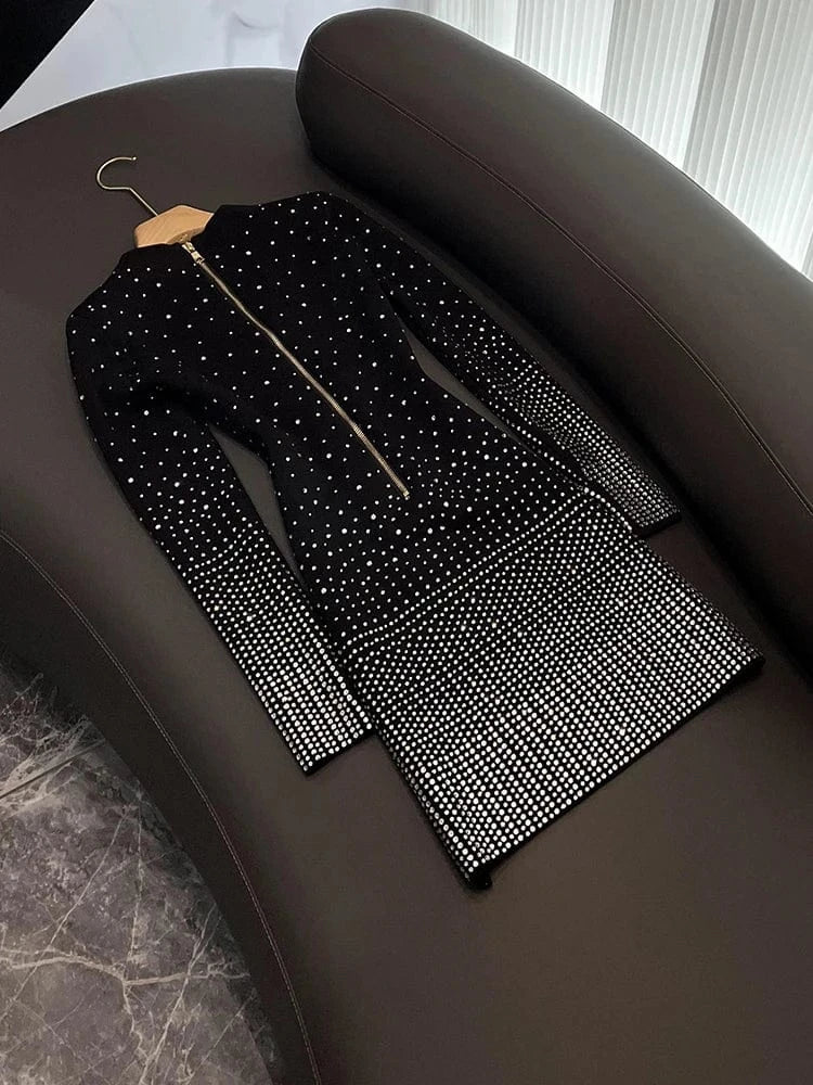 Fine Workmanship Shinny Hot Drilling  Office Lady V-neckline Long Sleeve Women Gradient Skinny Short Slim Knitted Dress