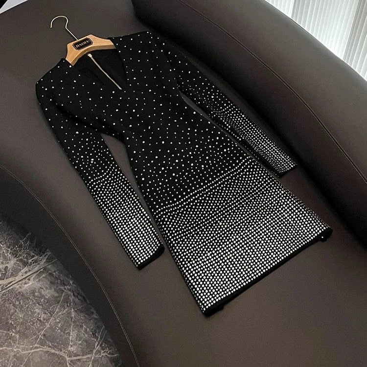 Fine Workmanship Shinny Hot Drilling  Office Lady V-neckline Long Sleeve Women Gradient Skinny Short Slim Knitted Dress