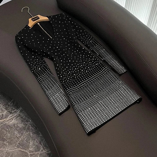 Fine Workmanship Shinny Hot Drilling  Office Lady V-neckline Long Sleeve Women Gradient Skinny Short Slim Knitted Dress