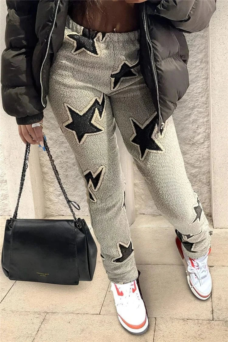 Five-Pointed Star Printed Plush Pants for Women Autumn and Winter New Casual Trouser