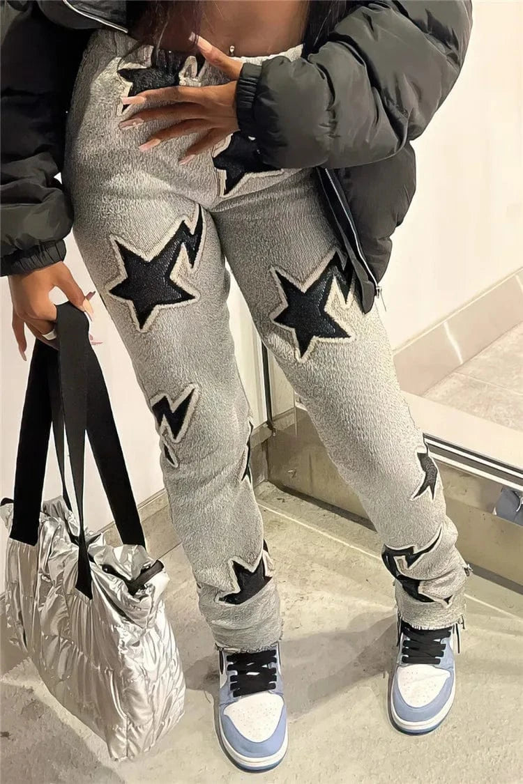 Five-Pointed Star Printed Plush Pants for Women Autumn and Winter New Casual Trouser