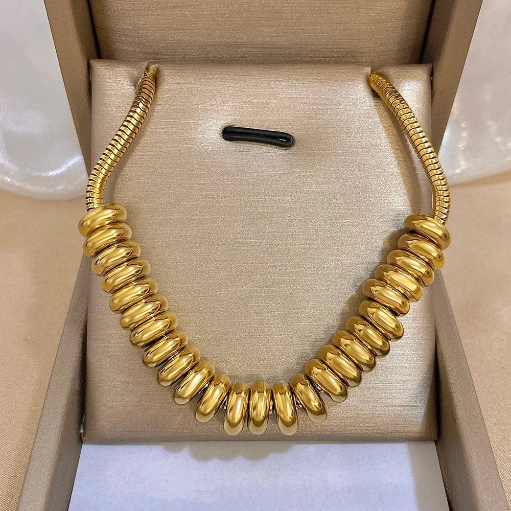 Flashbuy Gold Color Thick Chain Stainless Steel Necklace for Women Fashion Statement Bead Pendant Party Jewelry Accessory
