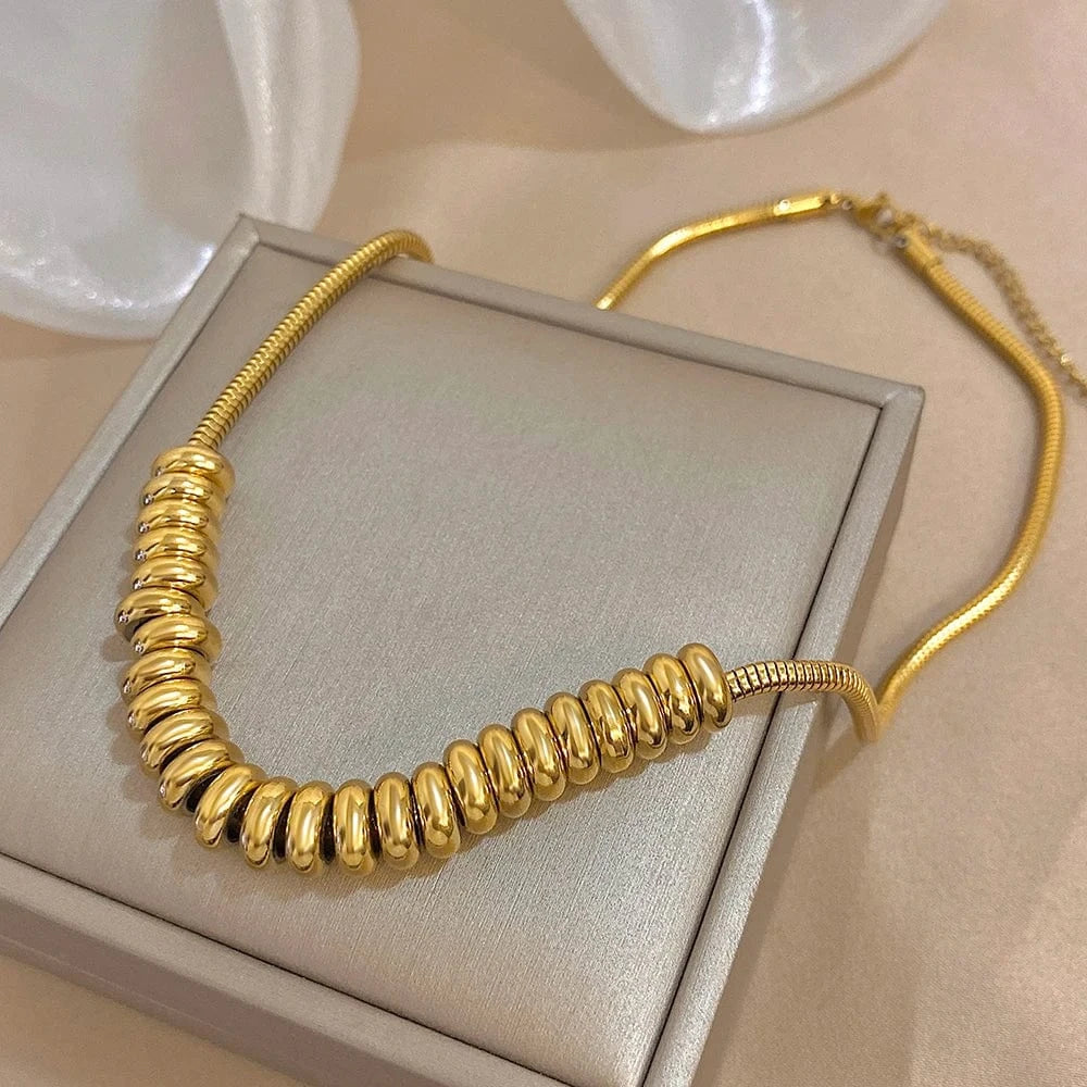 Flashbuy Gold Color Thick Chain Stainless Steel Necklace for Women Fashion Statement Bead Pendant Party Jewelry Accessory