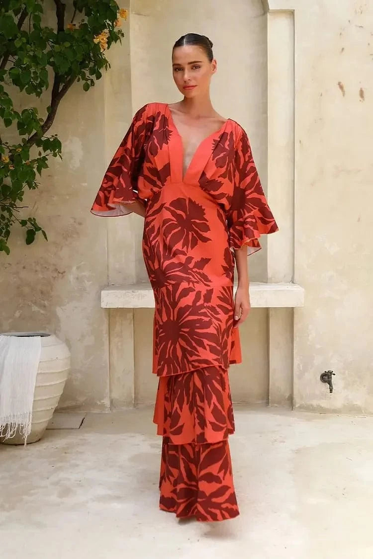 FLAXMAKER Maxi Long Dress Women Sexy Sleeveless Ruffle Dolman Sleeve Printed Dresses Bandeau Blossom Print Sundress 2025