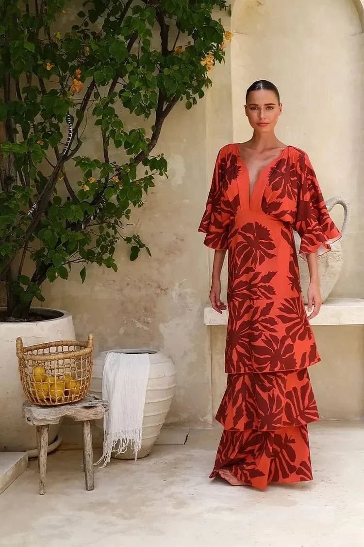 FLAXMAKER Maxi Long Dress Women Sexy Sleeveless Ruffle Dolman Sleeve Printed Dresses Bandeau Blossom Print Sundress 2025