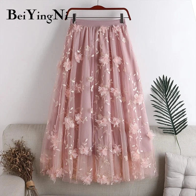 Floral Beautiful Long Midi Pleated Skirt Women Dance Cute Sweet Elastic Waist A-line Skirts for Womans