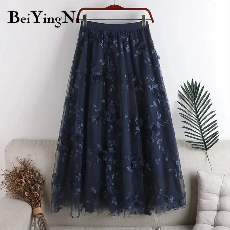 Floral Beautiful Long Midi Pleated Skirt Women Dance Cute Sweet Elastic Waist A-line Skirts for Womans