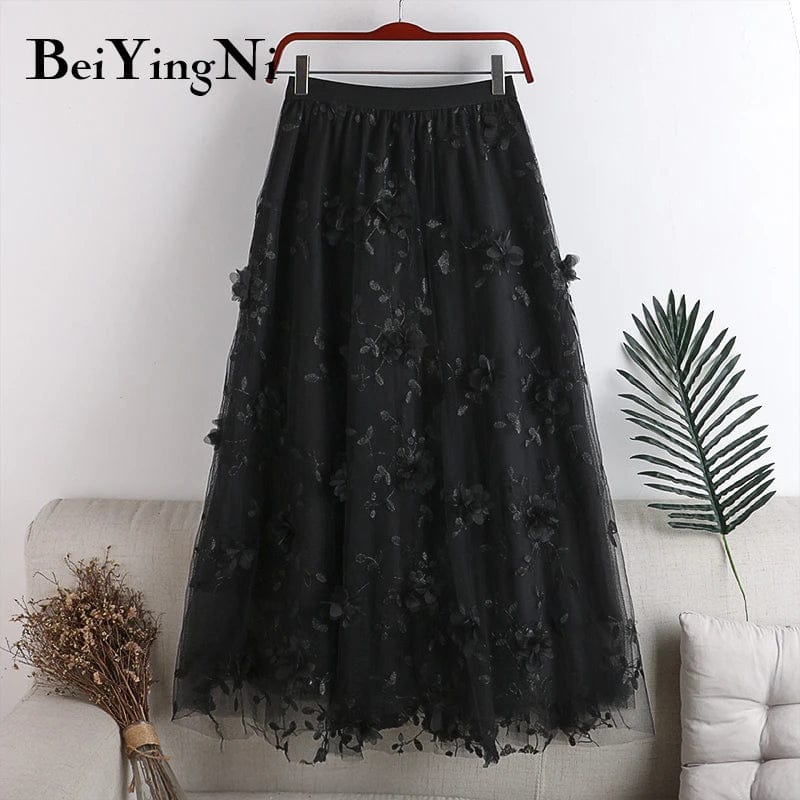 Floral Beautiful Long Midi Pleated Skirt Women Dance Cute Sweet Elastic Waist A-line Skirts for Womans