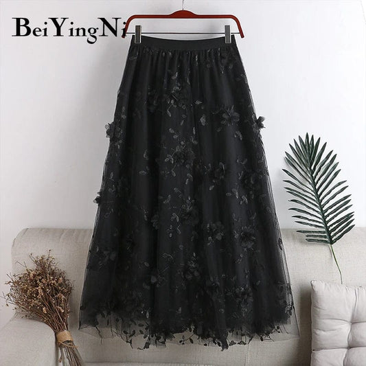 Floral Beautiful Long Midi Pleated Skirt Women Dance Cute Sweet Elastic Waist A-line Skirts for Womans
