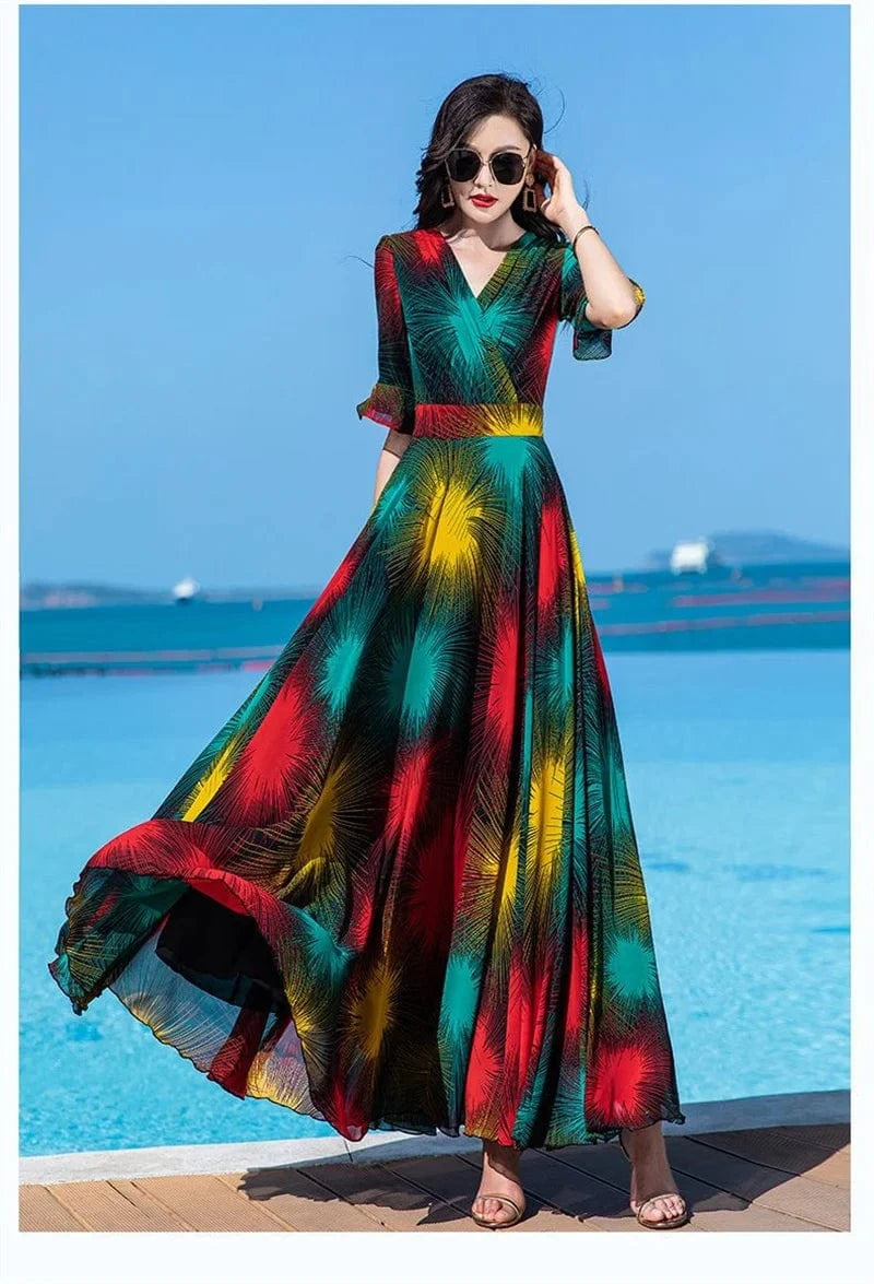 Floral Dress 4XL Women's 2025 Summer Chiffon V-Neck Dress High end Style Celebrity Splice A-line Skirt for Women Elegant Mujer