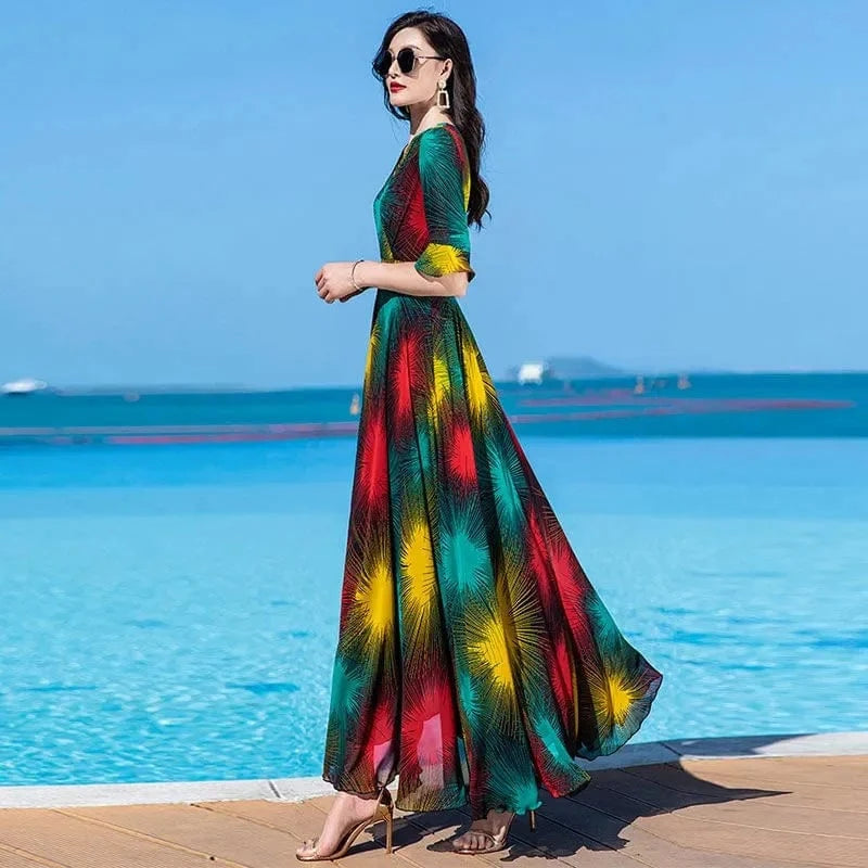 Floral Dress 4XL Women's 2025 Summer Chiffon V-Neck Dress High end Style Celebrity Splice A-line Skirt for Women Elegant Mujer