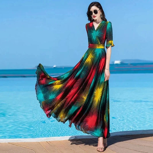 Floral Dress 4XL Women's 2025 Summer Chiffon V-Neck Dress High end Style Celebrity Splice A-line Skirt for Women Elegant Mujer