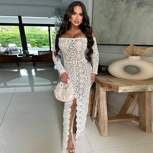Floral Knitted Crochet Beach Dress Women Vacation Long Sleeve Hollow Out See Through Off the Shoulder Bodycon Maxi Dress Holiday