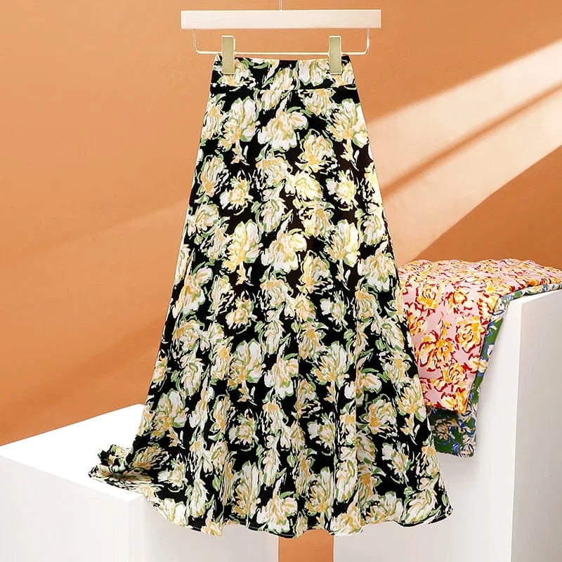 Floral Long Skirts Women Back Elastic Band Chiffon Floral Summer Chiffon Korean Green Leisure Slim High Waisted A-line Skirt