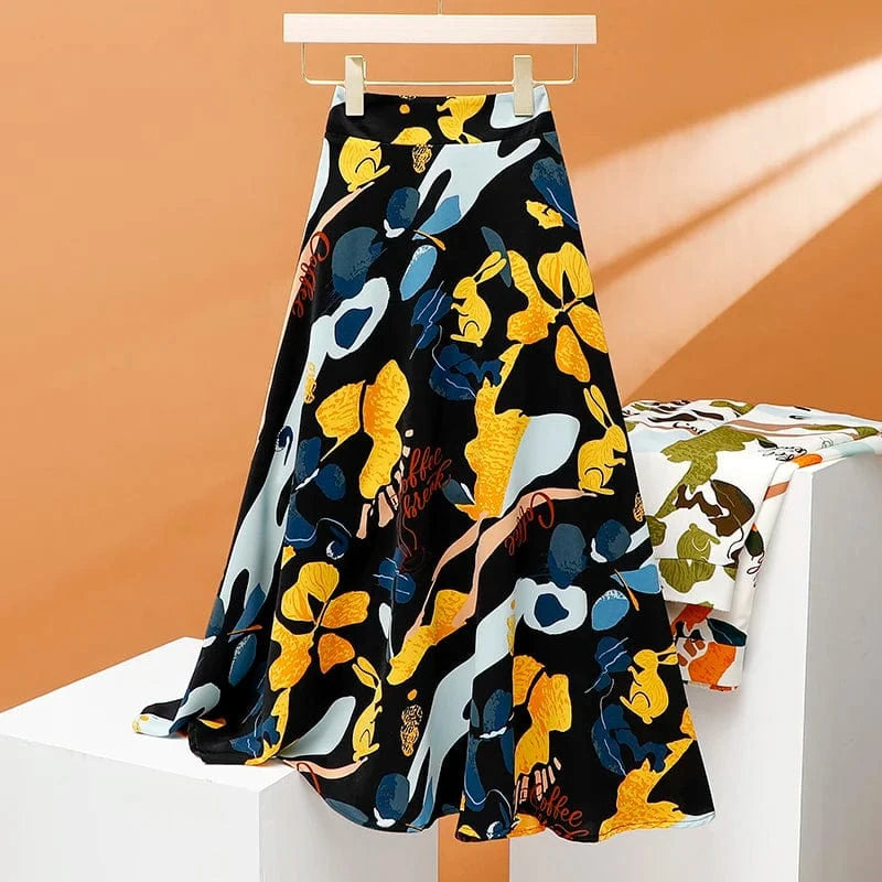 Floral Long Skirts Women Back Elastic Band Chiffon Floral Summer Chiffon Korean Green Leisure Slim High Waisted A-line Skirt