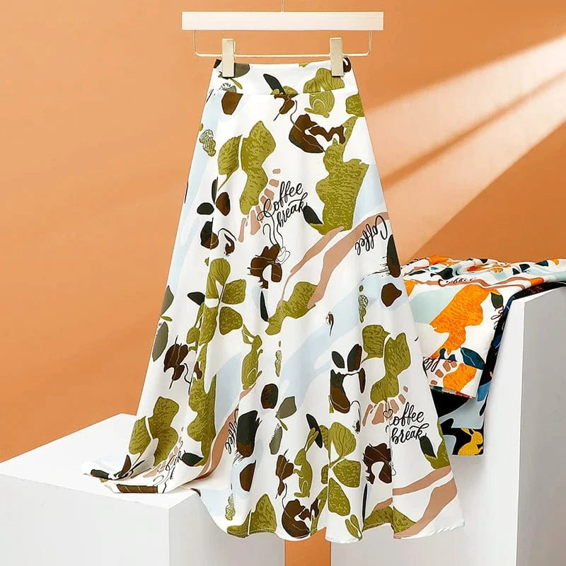 Floral Long Skirts Women Back Elastic Band Chiffon Floral Summer Chiffon Korean Green Leisure Slim High Waisted A-line Skirt