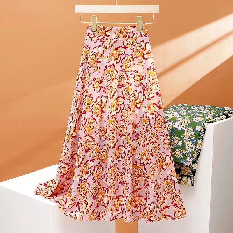 Floral Long Skirts Women Back Elastic Band Chiffon Floral Summer Chiffon Korean Green Leisure Slim High Waisted A-line Skirt
