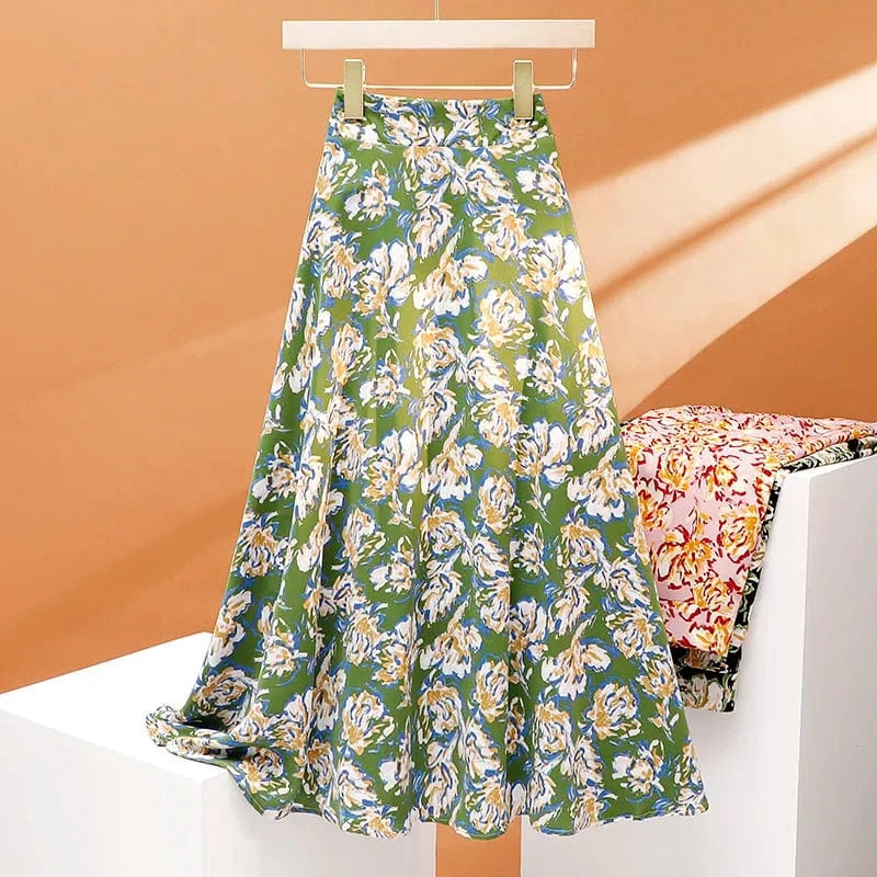 Floral Long Skirts Women Back Elastic Band Chiffon Floral Summer Chiffon Korean Green Leisure Slim High Waisted A-line Skirt