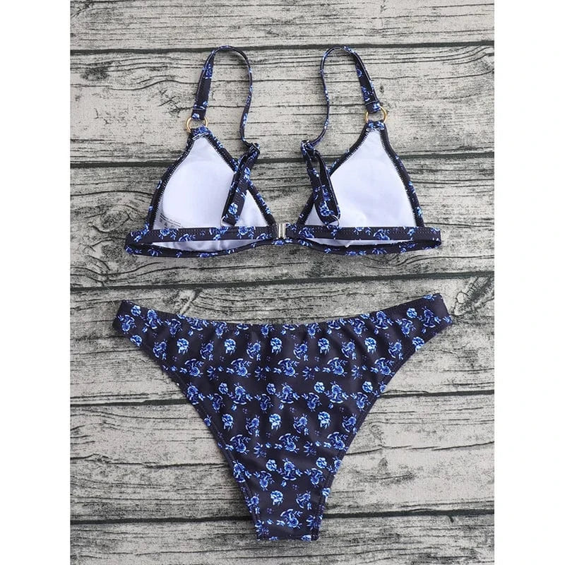 Floral Print Triangle Bikini Straps Swimsuit Women Low Waist Swimwear 2024 New Backless Sexy Bathing Suit Summer Beach