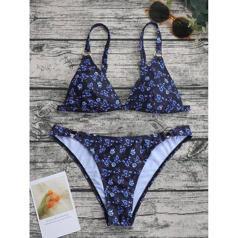 Floral Print Triangle Bikini Straps Swimsuit Women Low Waist Swimwear 2024 New Backless Sexy Bathing Suit Summer Beach