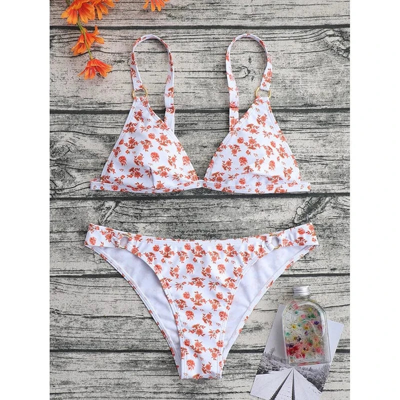 Floral Print Triangle Bikini Straps Swimsuit Women Low Waist Swimwear 2024 New Backless Sexy Bathing Suit Summer Beach