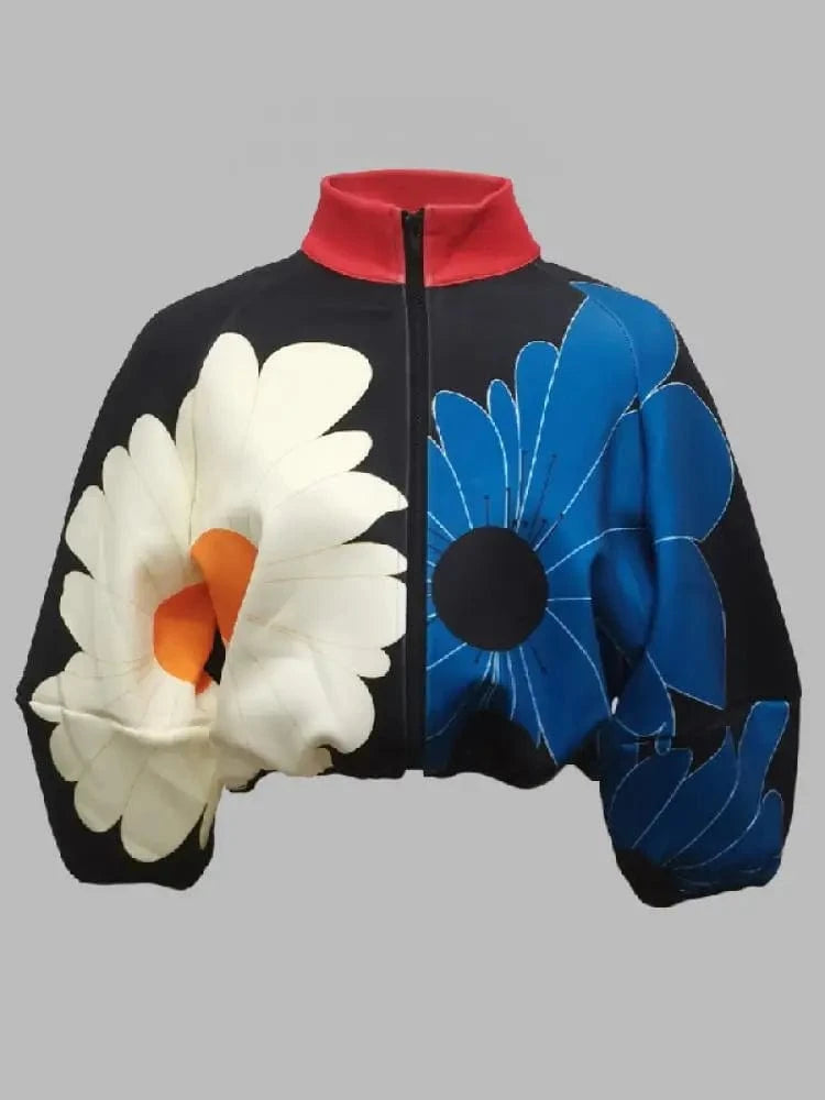 Floral Printed Short Jacket for Women 2024 Spring Summer Stylish Stand Collar Puff Sleeve Zippered Coat Casual Outerwear