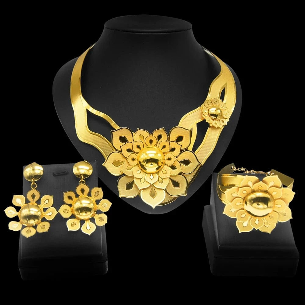 Flower Brazil Gold Jewelry Set / Adjustable / Gold Zhuerrui Flower Brazil Gold Jewelry Set Big Necklace Earring Bracelet Jewellery Set Nigerian Woman Wedding Gifts Jewelry NH00060