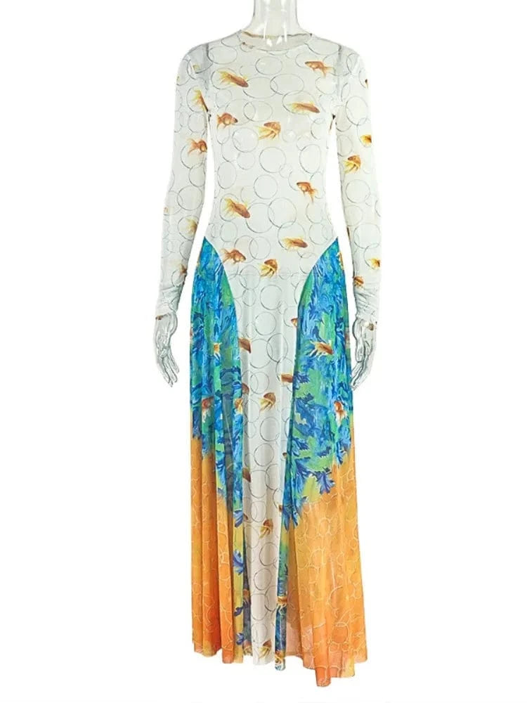 Flower Color / L Joskaa 2025 Women's Print Patchwork A-Line Dress Sexy Sheer Mesh O-Neck Long Sleeve Belted Waist Skinny Vestidos Y2K Streetwear