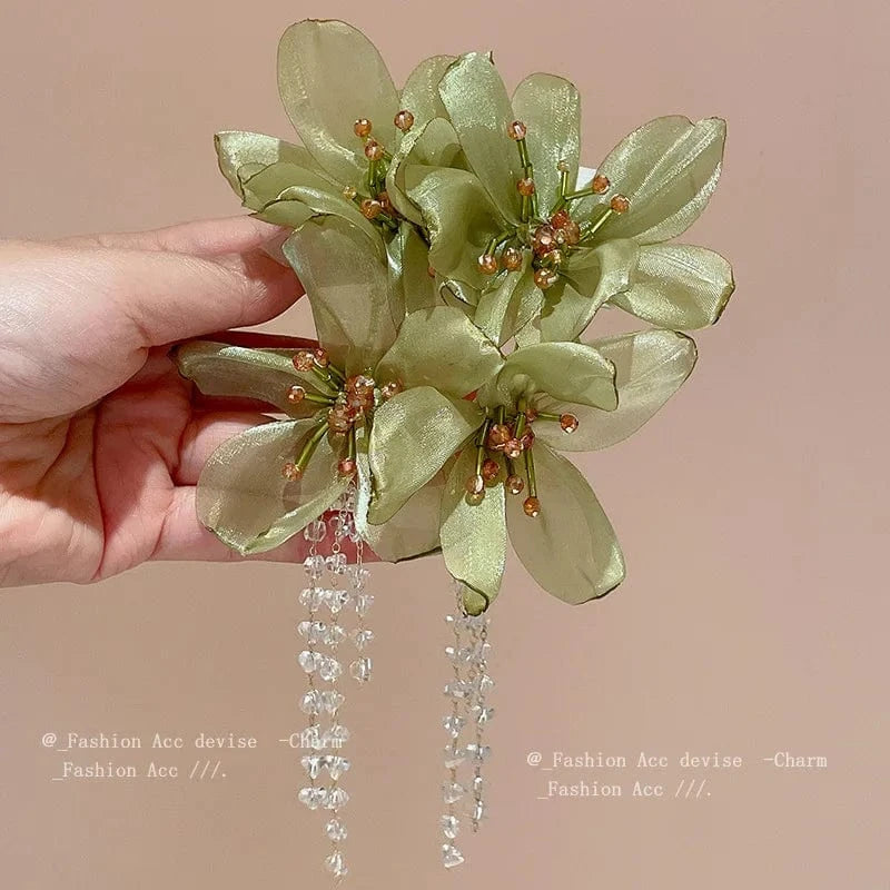 Flower Mesh Crystal Tassel Earrings for Women Elegant Style Exaggerated Long Earings Wholesale